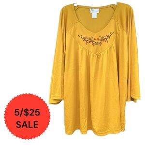 5/$25 Easy Essentials Ladies Size 0XL Mustard Color 3/4 Sleeves Top Embroidery